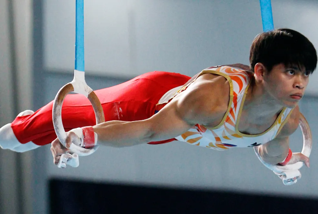 Carlos Yulo begins the first of his three final events at the Paris Olympics men’s artistic gymnastics at the Bercy Arena on Wednesday, July 31.