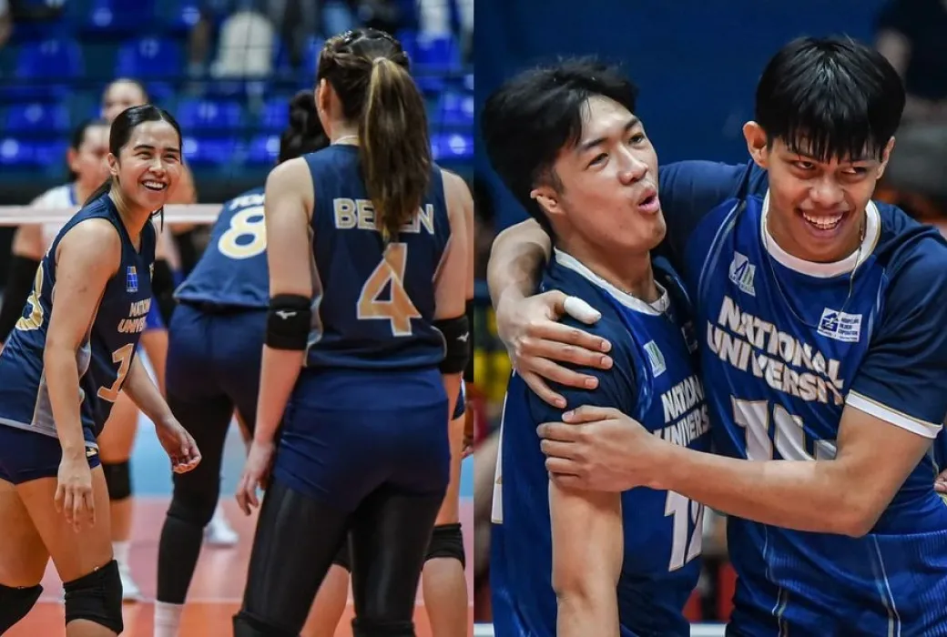 NU setter Lams Lamina (leftmost), blocker Peng Taguibolos (third from left) and hitter Leo Ordiales (rightmost) react in the UAAP Season 87 volleyball tournaments.