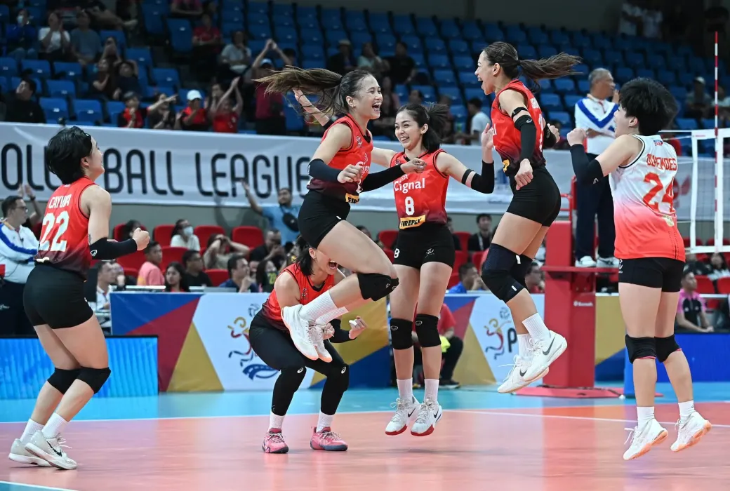 The Cignal HD Spikers celebrate their win against the Akari Chargers