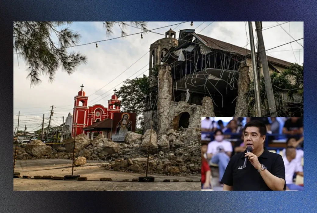 The Archdiocesan Shrine of Sta. Rosa de Lima in Daanbantayan, Cebu, sustained damage after the 6.9-magnitude earthquake on September 30, 2025, with photo inset of PBA Commissioner Willie Marcial
